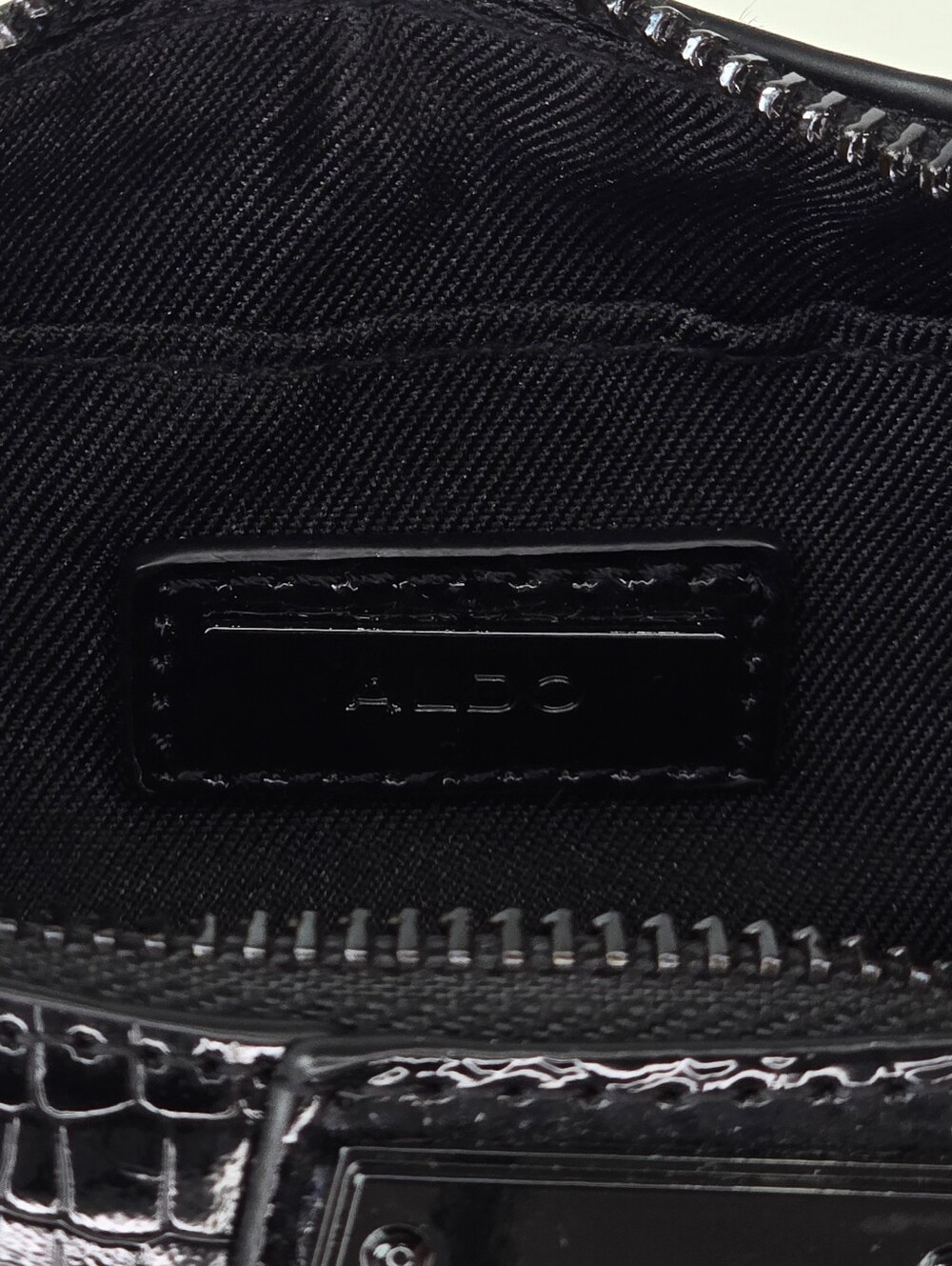 ALDO Black Patent Croc Embossed Crescent Mini Bag Top Handle Baguette Purse - Picture 10 of 12